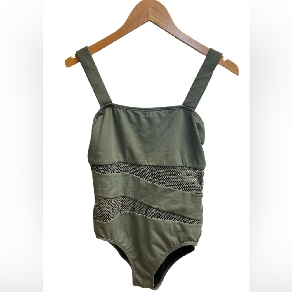 Carmen Marc Valvo One Piece Mesh Swim Suit Olive Green Size 12
